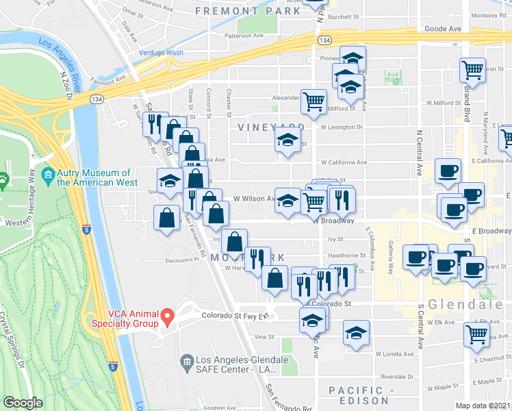 map of restaurants, bars, coffee shops, grocery stores, and more near 616 West Wilson Avenue in Glendale