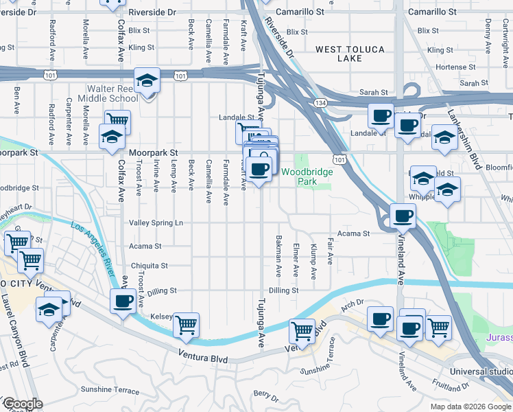 map of restaurants, bars, coffee shops, grocery stores, and more near 4300 Kraft Avenue in Los Angeles