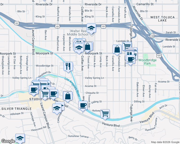 map of restaurants, bars, coffee shops, grocery stores, and more near 4303 Irvine Avenue in Los Angeles
