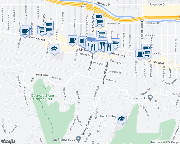 map of restaurants, bars, coffee shops, grocery stores, and more near 14467 Dunbar Place in Los Angeles