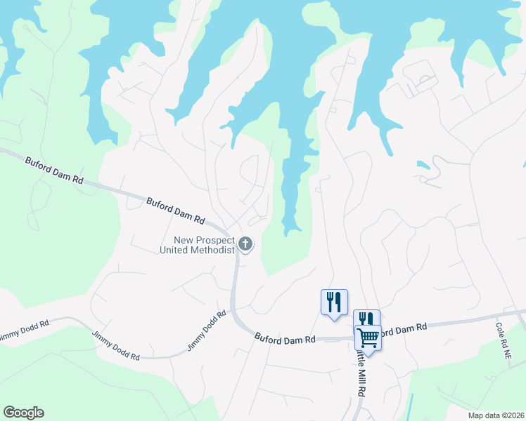 map of restaurants, bars, coffee shops, grocery stores, and more near 1101 Pine Tree Drive in Buford