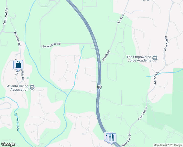 map of restaurants, bars, coffee shops, grocery stores, and more near 2595 Marsha Circle in Cumming