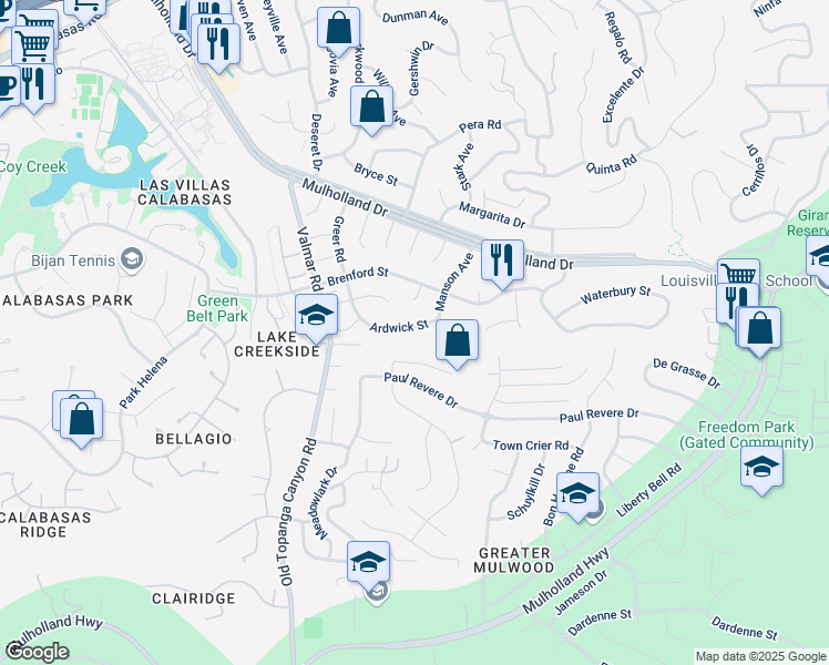map of restaurants, bars, coffee shops, grocery stores, and more near 22924 Ardwick Street in Los Angeles