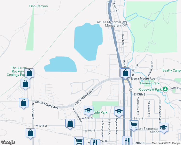 map of restaurants, bars, coffee shops, grocery stores, and more near 612 Hidden Valley Drive in Azusa