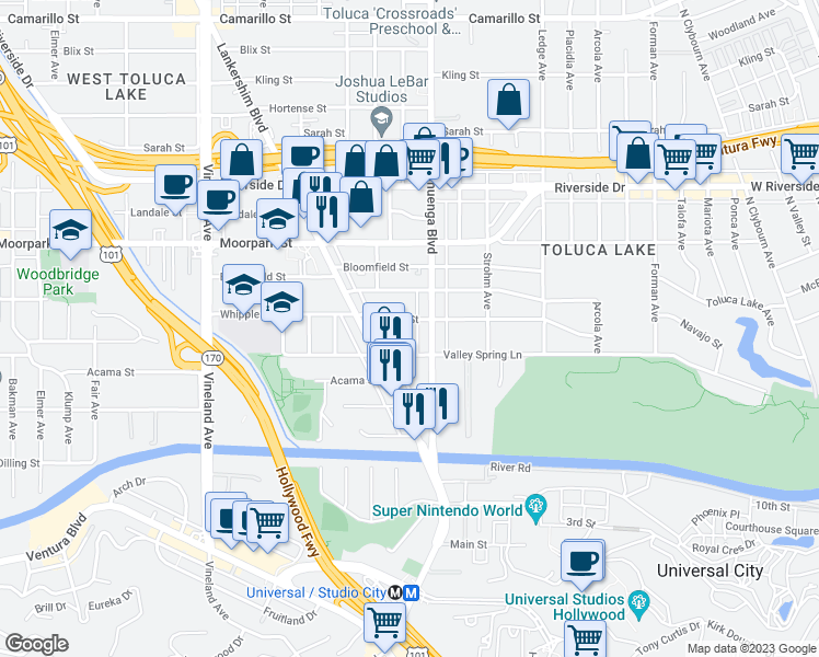 map of restaurants, bars, coffee shops, grocery stores, and more near 10620 Whipple Street in Los Angeles