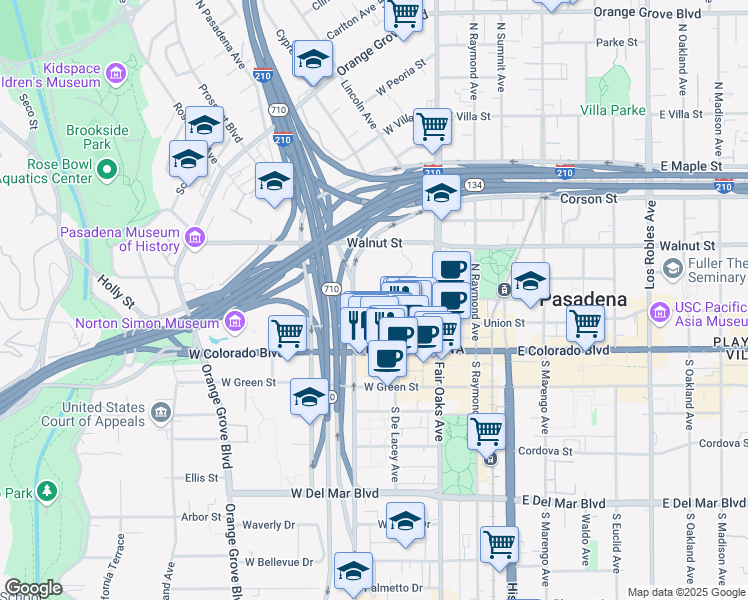map of restaurants, bars, coffee shops, grocery stores, and more near 74 North Pasadena Avenue in Pasadena