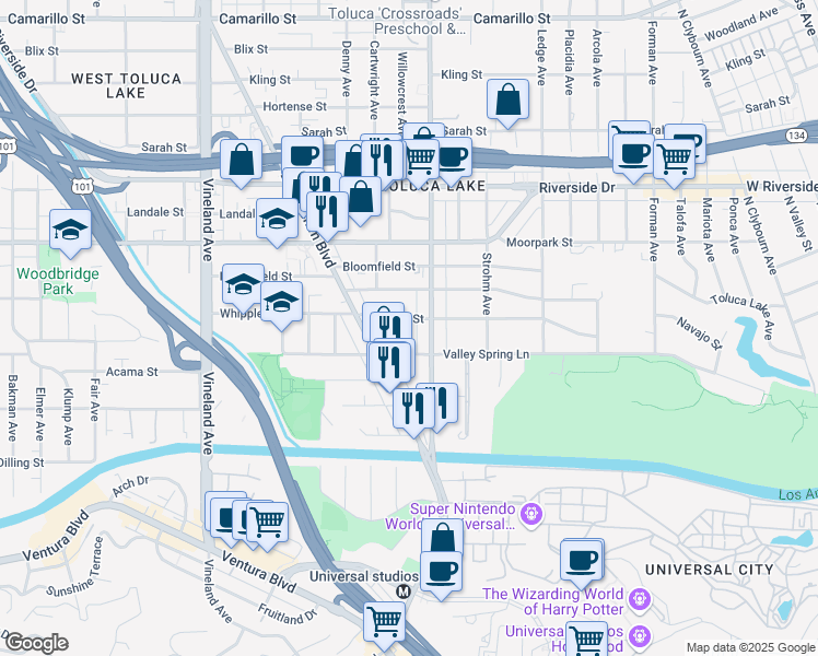 map of restaurants, bars, coffee shops, grocery stores, and more near 10620 Whipple Street in Los Angeles