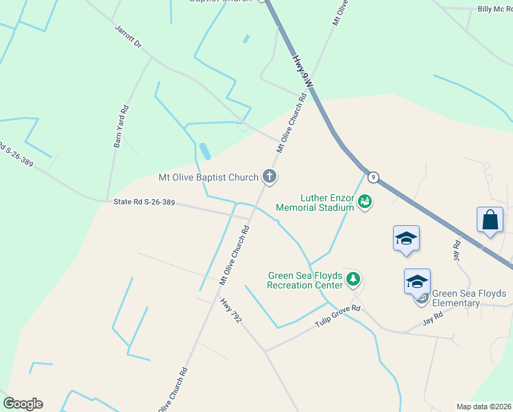 map of restaurants, bars, coffee shops, grocery stores, and more near 1950 Mt Olive Church Rd in Green Sea