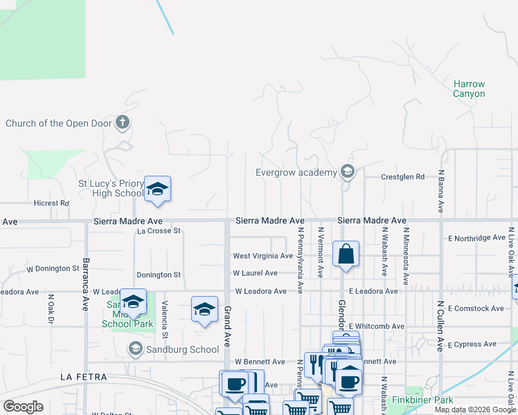 map of restaurants, bars, coffee shops, grocery stores, and more near 723 Rainbow Drive in Glendora