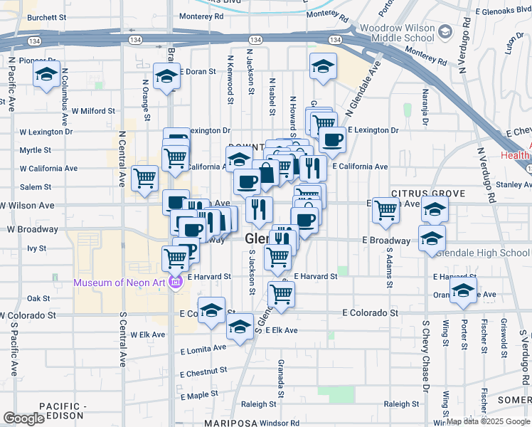 map of restaurants, bars, coffee shops, grocery stores, and more near 135 North Isabel Street in Glendale