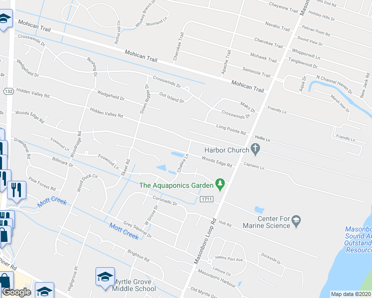 map of restaurants, bars, coffee shops, grocery stores, and more near 5133 Woods Edge Road in Wilmington