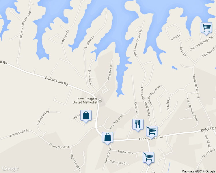 map of restaurants, bars, coffee shops, grocery stores, and more near 1704 Pine Tree Drive in Buford