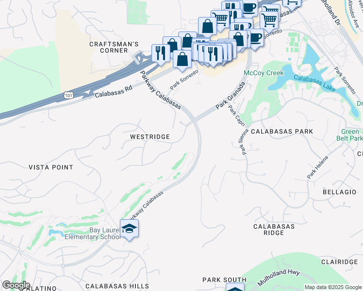 map of restaurants, bars, coffee shops, grocery stores, and more near 23964 Park Granada in Calabasas