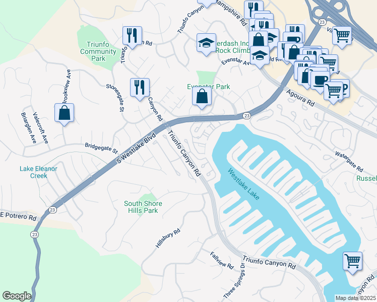map of restaurants, bars, coffee shops, grocery stores, and more near 2162 Wimbledon Circle in Westlake Village