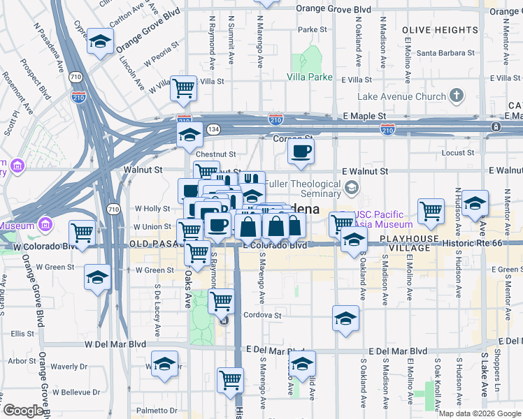 map of restaurants, bars, coffee shops, grocery stores, and more near 216 East Holly Street in Pasadena