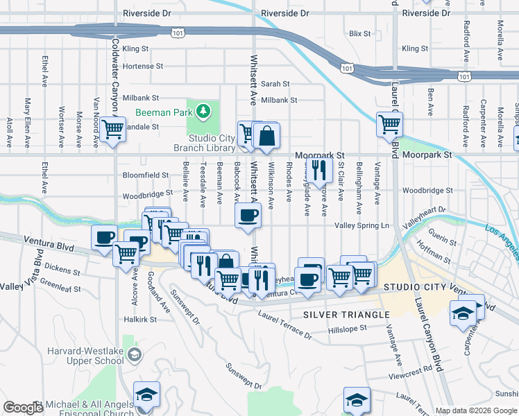 map of restaurants, bars, coffee shops, grocery stores, and more near 4230 Whitsett Avenue in Los Angeles