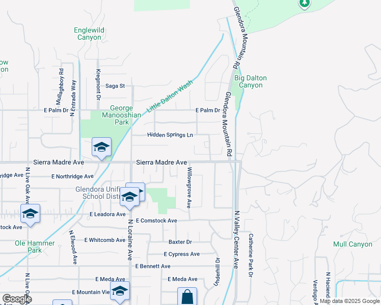 map of restaurants, bars, coffee shops, grocery stores, and more near 1312 Pebble Springs Lane in Glendora