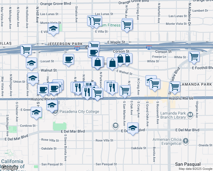 map of restaurants, bars, coffee shops, grocery stores, and more near 83 North Greenwood Avenue in Pasadena