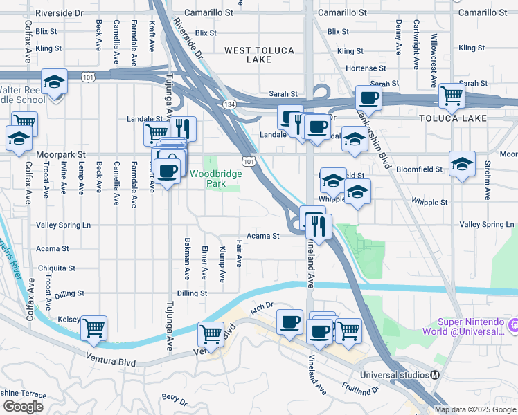 map of restaurants, bars, coffee shops, grocery stores, and more near 11144 Valley Spring Place in Los Angeles