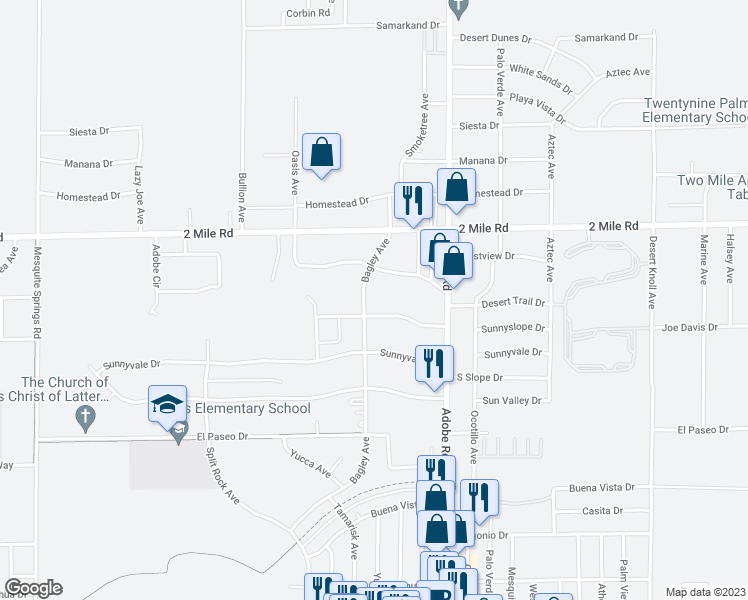 map of restaurants, bars, coffee shops, grocery stores, and more near 5839 Bagley Avenue in Twentynine Palms