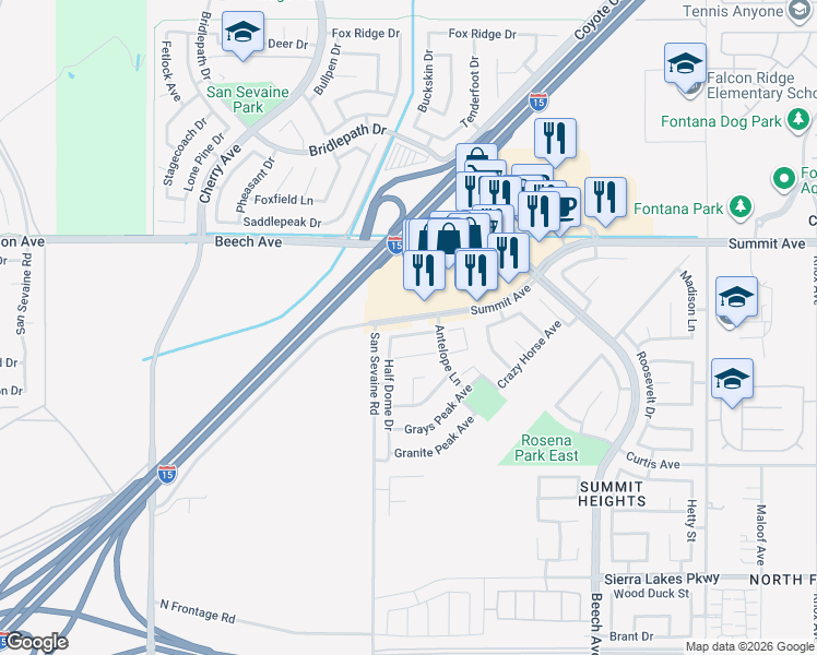 map of restaurants, bars, coffee shops, grocery stores, and more near 14962 Mount Palomar Lane in Fontana