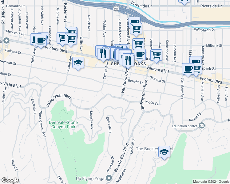 map of restaurants, bars, coffee shops, grocery stores, and more near 14527 Valley Vista Boulevard in Los Angeles