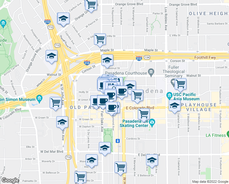 map of restaurants, bars, coffee shops, grocery stores, and more near 93 North Raymond Avenue in Pasadena