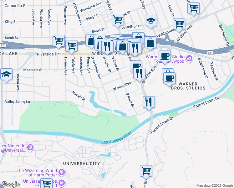 map of restaurants, bars, coffee shops, grocery stores, and more near 112 South Valley Street in Burbank