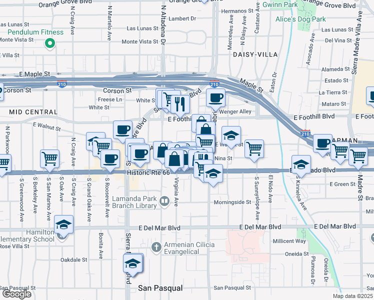 map of restaurants, bars, coffee shops, grocery stores, and more near 2620 East Walnut Street in Pasadena