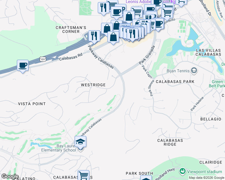 map of restaurants, bars, coffee shops, grocery stores, and more near 23964 Park Granada in Calabasas