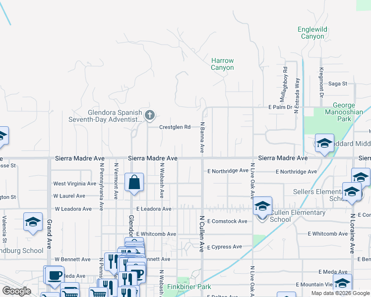 map of restaurants, bars, coffee shops, grocery stores, and more near 419 Sierra Madre Avenue in Glendora