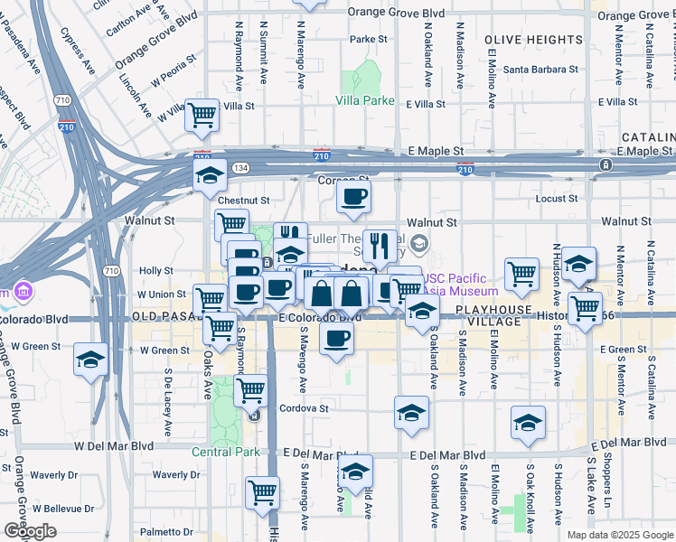 map of restaurants, bars, coffee shops, grocery stores, and more near in Pasadena