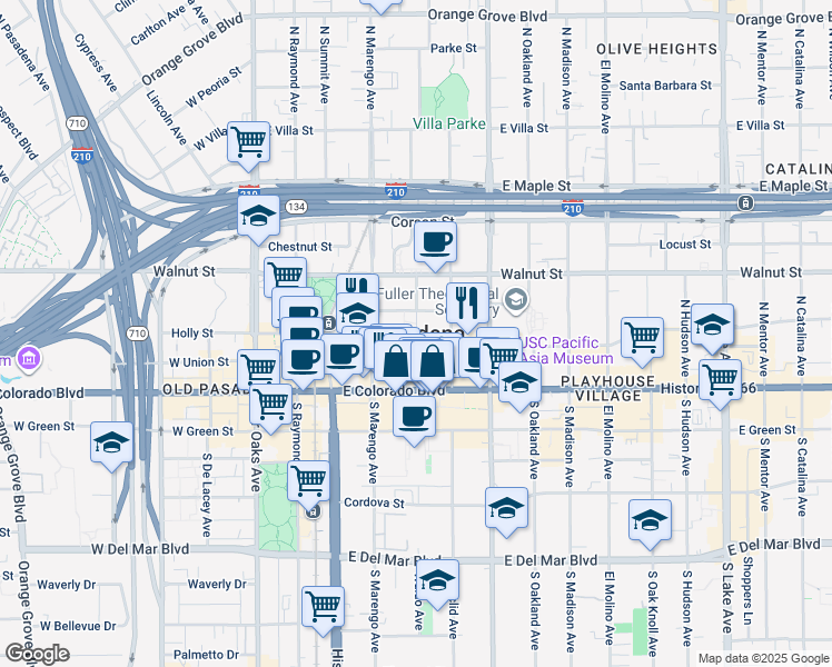 map of restaurants, bars, coffee shops, grocery stores, and more near 1001 North Raymond Avenue in Pasadena