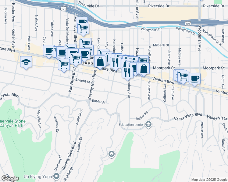 map of restaurants, bars, coffee shops, grocery stores, and more near 14235 Greenleaf Street in Los Angeles