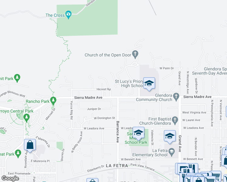 map of restaurants, bars, coffee shops, grocery stores, and more near 18843 Hicrest Road in Glendora