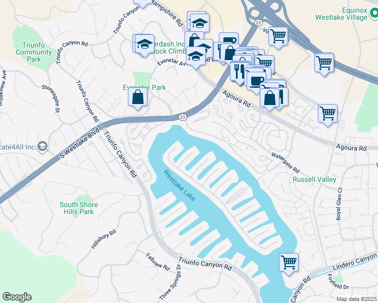map of restaurants, bars, coffee shops, grocery stores, and more near 1299 Bluesail Circle in Westlake Village