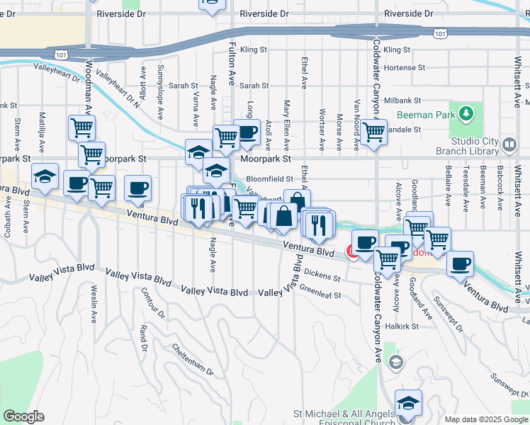map of restaurants, bars, coffee shops, grocery stores, and more near 13220 Valleyheart Drive in Los Angeles