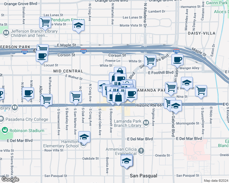 map of restaurants, bars, coffee shops, grocery stores, and more near 76 North Roosevelt Avenue in Pasadena