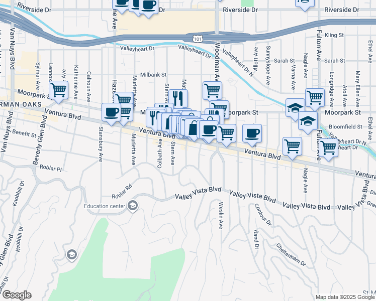 map of restaurants, bars, coffee shops, grocery stores, and more near 4233 Matilija Avenue in Los Angeles
