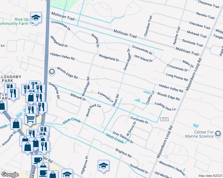 map of restaurants, bars, coffee shops, grocery stores, and more near 5011 Laurenbridge Lane in Wilmington