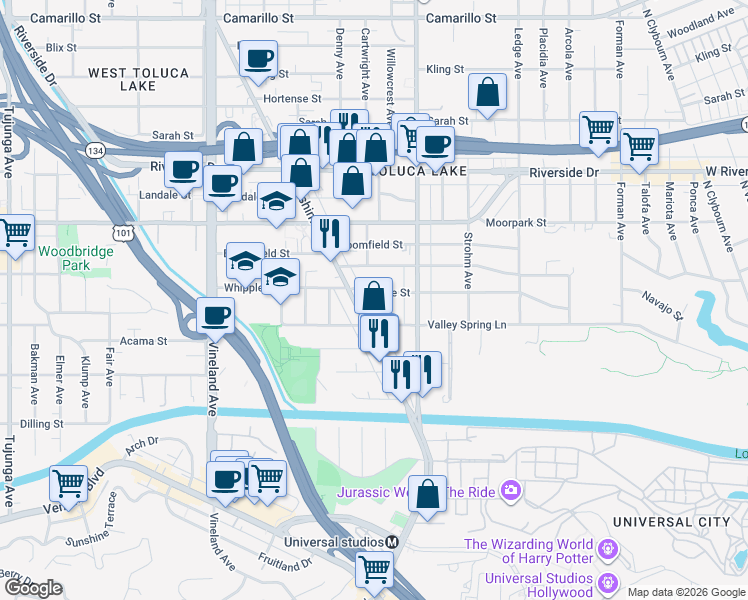 map of restaurants, bars, coffee shops, grocery stores, and more near 10652 Whipple Street in Los Angeles