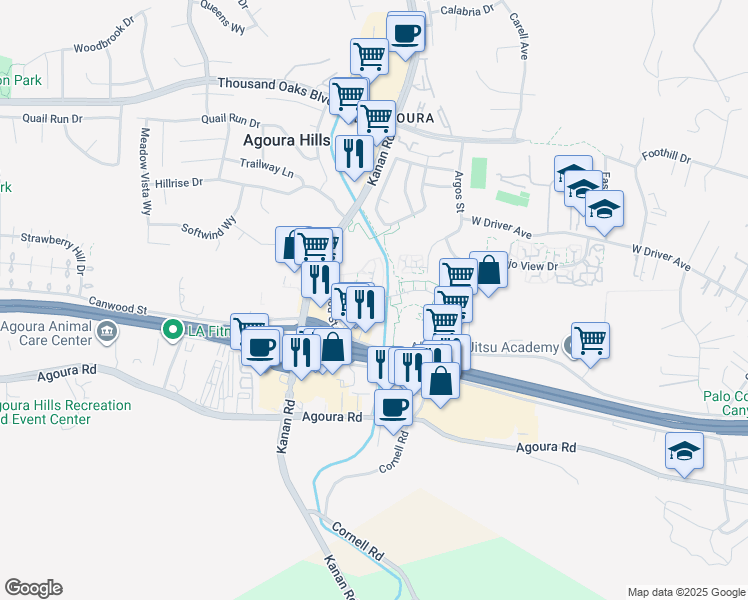 map of restaurants, bars, coffee shops, grocery stores, and more near 29100 Oak Creek Lane in Agoura Hills