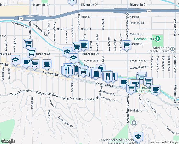 map of restaurants, bars, coffee shops, grocery stores, and more near 4243 Mary Ellen Avenue in Los Angeles