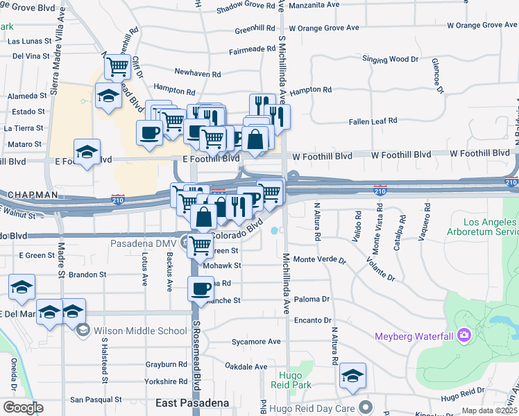 map of restaurants, bars, coffee shops, grocery stores, and more near 3842 East Walnut Street in Pasadena