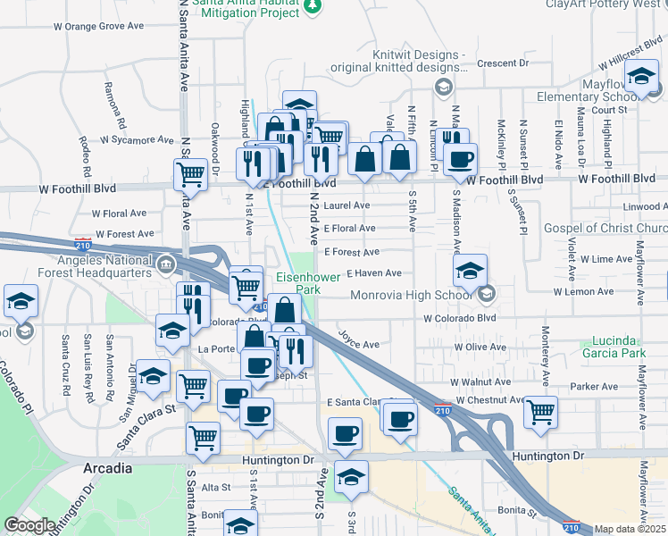 map of restaurants, bars, coffee shops, grocery stores, and more near 219 E Haven Ave in Arcadia