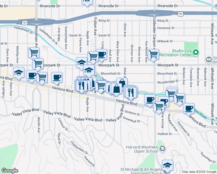 map of restaurants, bars, coffee shops, grocery stores, and more near 13220 Valleyheart Drive in Los Angeles