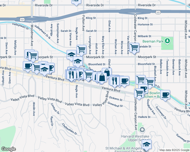 map of restaurants, bars, coffee shops, grocery stores, and more near 13220 Valleyheart Drive in Los Angeles