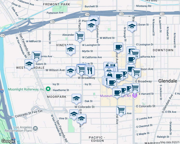 map of restaurants, bars, coffee shops, grocery stores, and more near 430 West Wilson Avenue in Glendale