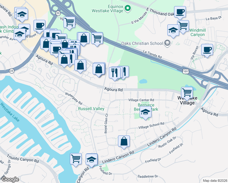 map of restaurants, bars, coffee shops, grocery stores, and more near 4531 Coolhaven Court in Westlake Village