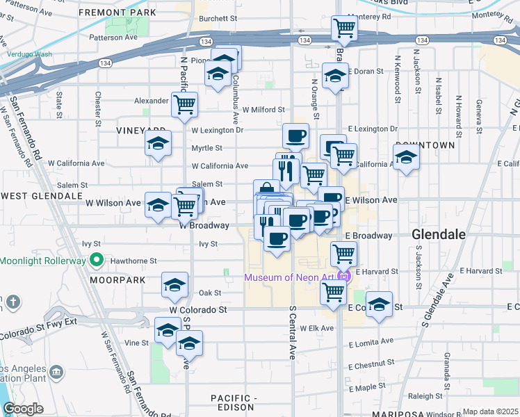 map of restaurants, bars, coffee shops, grocery stores, and more near 346 West Wilson Avenue in Glendale